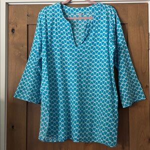 Blue White Teardrop Print Tunic Top/Cover-Up Womens L Cotton Beach Resortwear